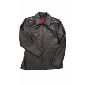 Esprit Black Leather Jacket Womens M Zip Front Y2K Minimalist Fitted Coat